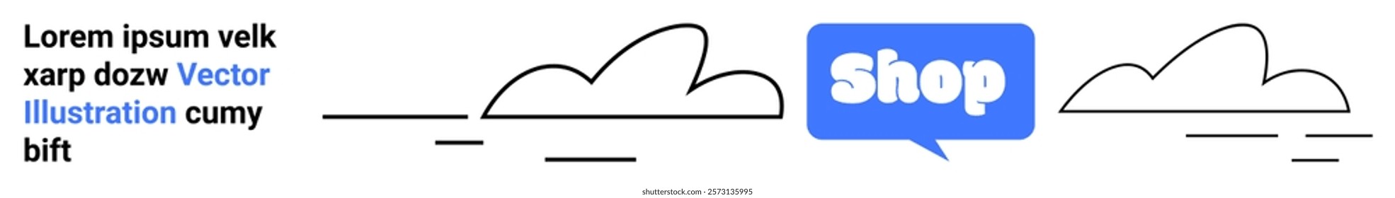 Minimal line drawing of clouds with a blue speech bubble containing the word Shop. Ideal for online shopping, e-commerce, digital marketing, minimal design, tech services. Banner for landing page