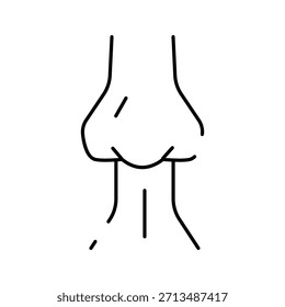 Dibujo de línea mínima que crea un icono de una nariz humana, simbolizando el sentido del olfato, olfato y anatomía en un diseño simple y plano en blanco y negro