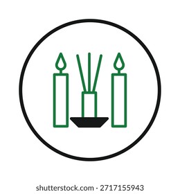 Eine minimale Linienzeichnung zeigt zwei Kerzen und einen Aromadiffusor, der ein Gefühl der Ruhe und Entspannung schafft. Das saubere Design fördert das Wohlbefinden und ein friedliches Ambiente für psychische Gesundheit und Spa