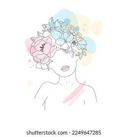 Minimal Line Drawing. Foce Woman Art Flower Images. Girl with flowers color template design. Line Vector illustration.