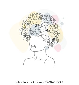 Minimal Line Drawing. Foce Woman Art Flower Images. Girl with flowers color template design. Line Vector illustration.