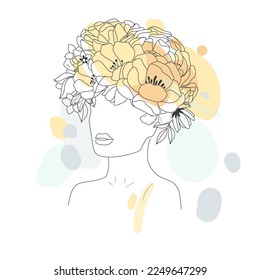 Minimal Line Drawing. Foce Woman Art Flower Images. Girl with flowers color template design. Line Vector illustration.