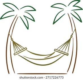 Minimal line drawing of a hammock strung between two curved palm trees suggesting a tropical place to relax.