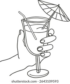 Minimal line drawing of a hand holding a cocktail glass with umbrella and straw, ideal for tropical, summer, party, beach, and vacation-themed design, print, or digital illustration.