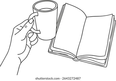 Minimal line drawing of a hand holding a coffee mug beside an open book, perfect for cozy, reading, relaxation, literature, and lifestyle-themed art, print, or creative digital use.