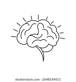 Minimal line drawing of human brain with rays, symbolizing energy, idea, or neural power. Clean vector illustration.