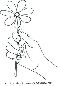 Minimal line drawing of a human hand gently holding a daisy flower by the stem, symbolizing peace, kindness, and simplicity. Perfect for botanical, romantic, or artistic illustrations.