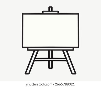 Minimal line drawing of a studio easel holding a rectangular canvas centered on a neutral gray background.