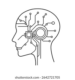 Minimal line drawing of a tech-enhanced head with internal ring and circuit interface, focused on futuristic neural processing.