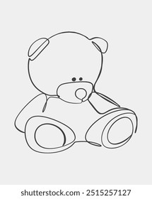 Minimal line drawing of a teddy bear sitting down, featuring simple contours and clean design. Perfect for children's decor or coloring.