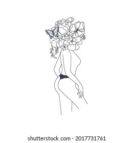 Minimal Line Drawing Woman Flower Images. Girl with flowers. Line Vector illustration. 