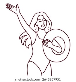 Minimal line drawing of woman in swimsuit with inflatable ring. Suitable for coloring books, print design and summer-themed illustrations.