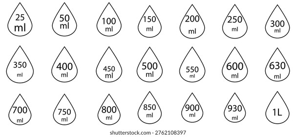 Minimal line drop volume labels. Water capacity  symbol.  25 to 1 liters. Vector illustration. 