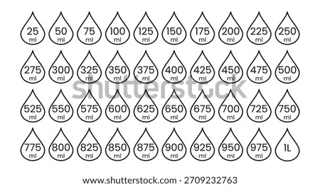 Minimal line drop volume labels. Liquid volume icons set. ml measurement droplet symbols. Beverage Packaging volume indicator graphics from 25 to 1000 ml. Bottle capacity ml elements