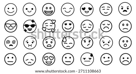 Minimal line emoji icon set featuring clean, consistent expressions for universal emotions and reactions. Perfect for apps, UI UX design, chat interfaces, stickers, social media graphics, and web.