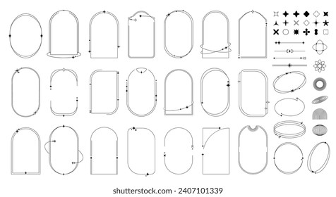 Minimal line figures, frames and borders, star twinkles and sparkles or arch shapes. Isolated monochrome vector linear set of simple outline linear arcs and circles with celestial magical elements