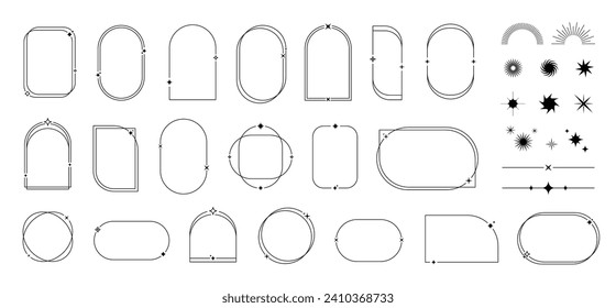 Minimale Linienzahlen, Sterne, Rahmen und Rahmen, Zwirnlinge und Funkeln. Geometrische Formen der Vektorgrafik mit minimalistischen Zierformen, Umrissrahmen für Oval-, Bogen- und Rechteck-Rahmen, Bohraänder und Trennflächen