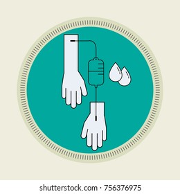 Minimal line flat design of blood donation. Have a hand in Concept. Retro scout badge style. Vector illustration.