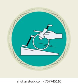 Minimal line flat design of disabled helping. Have a hand in Concept. Retro scout badge style. Vector illustration.