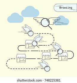 Minimal line flat design of internet browsing behavior. Vector illustration.