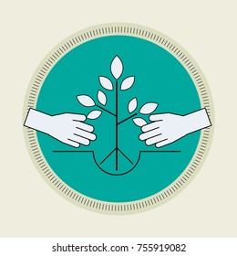 Minimal line flat design of plant a tree. Have a hand in Concept. Retro scout badge style. Vector illustration.