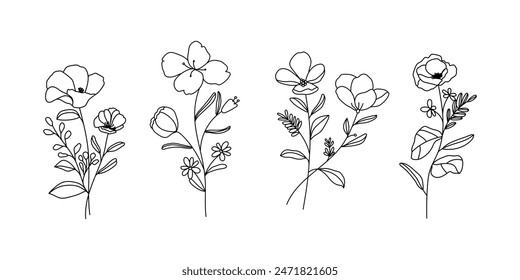 minimal line flower and botanical graphic sketch drawing, trendy tiny tattoo design, floral elements vector illustration