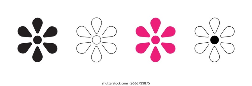 Icono de flor de línea mínima. Conjunto de silueta floral plana, forma de pétalo de flores, símbolo de margarita aislado. Esquema simple de manzanilla, flor de Pascua de círculo