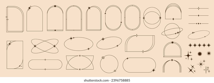 Marcos mínimos de línea y bordes con tímpanos estrellados, chispas y formas de arco, vector de contorno. Marcos lineales mínimos simples y bordes de arte de línea o elementos de arco con destellos mágicos celestes