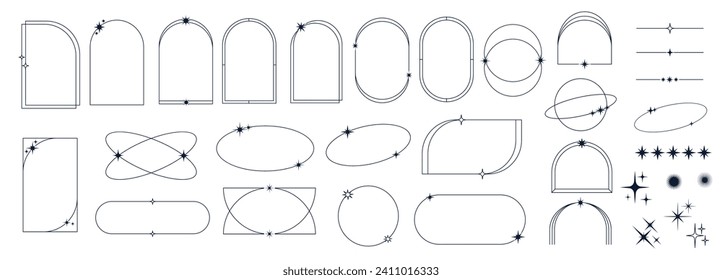 Minimale Linienrahmen und Ränder mit Sternfalten und Funkeln, Vektorlineare Elemente. Einfache minimale Rahmenrahmen und Linien-Kunstrahmen oder geometrische Bögen mit Himmelsmagie-Sternen-Funken