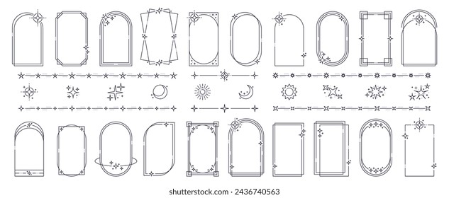 Marcos de línea y bordes mínimos con destellos de estrellas, formas geométricas vectoriales. Marcos de contorno simples y bordes de arte lineal o arcos y círculos con la luna, el sol y las estrellas brillantes