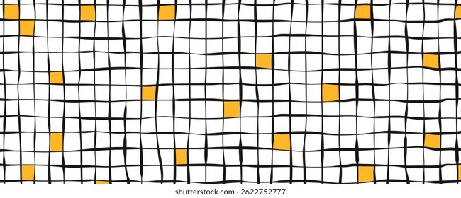 Minimal Line Grid with Yellow Squares on White Background. Modern hand drawn style. Abstract geometric texture. Simple line art design.