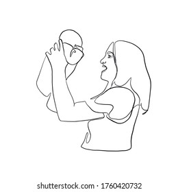 Minimal line hand drawn vector woman mother holding newborn baby in arms. Mom hugs her baby. Mother's Day. Linear sketch for maternity hospital, obstetrics, products for pregnant and newborns.