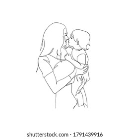 Mínima línea de la madre vector dibujada a mano sosteniendo en brazos al bebé recién nacido. Mamá abraza a su bebé. Día de la Madre. Esbozo lineal para el hospital de maternidad, obstetricia, productos para embarazadas y recién nacidos.