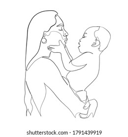 Minimal line hand drawn vector woman mother holding newborn baby in arms. Mom hugs her baby. Mother's Day. Linear sketch for maternity hospital, obstetrics, products for pregnant and newborns.