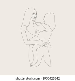 Minimal line hand drawn woman mother holding baby. Mom hugs her baby. Mother's Day. Linear glamour logo in minimal  for maternity hospital, obstetrics, products for pregnant and newborns.