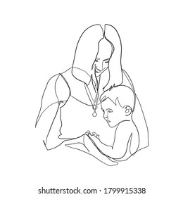 Minimal line hand painting vector woman mother holding newborn baby in arms. Happy Mother`s Day.