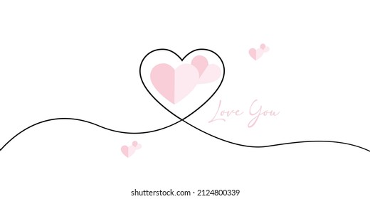 Fondo de corazón de línea mínimo con plantilla de espacio de texto. Borde continuo de la forma de la línea del corazón con un corazón de papel realista sobre fondo blanco para las valentinas 