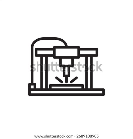 Minimal line icon of a 3D printing machine, symbolizing additive manufacturing and digital fabrication. Perfect for engineering, prototyping, technology, innovation, and industrial vector projects.