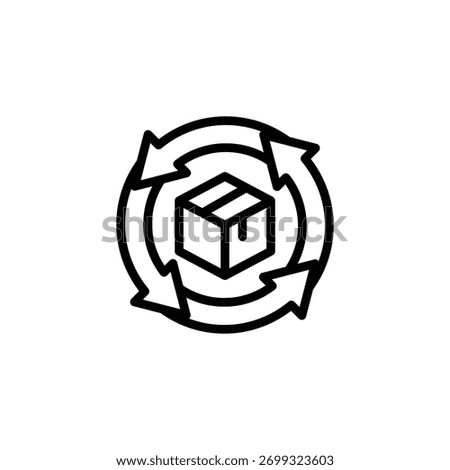 Minimal line icon of a box surrounded by circular arrows. Represents product life cycle, supply chain, or distribution process. Suitable for logistics, shipping, and production themes.