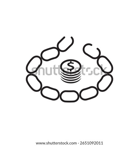 Minimal line icon of broken chain surrounding dollar coins, symbolizing financial debt, money trap, or economic burden. Ideal for finance, credit, and budgeting themes.