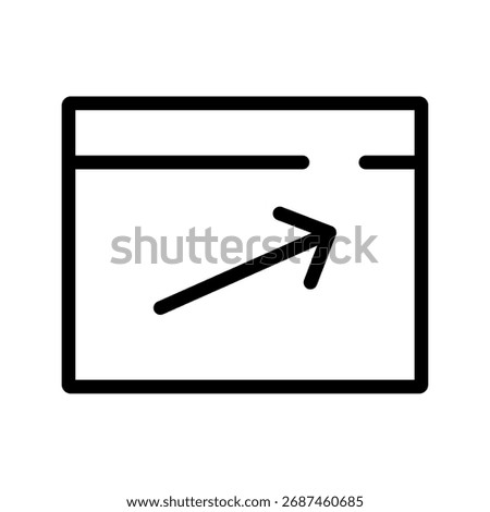 Minimal line icon of a browser,app window with an up‑right arrow indicating external link, launch, or pop-out action.