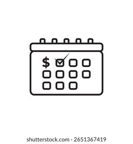 Minimal line icon of a calendar with dollar symbol and check mark. Represents bill payment reminder, due date, financial planning, budget tracking, or expense scheduling visuals.