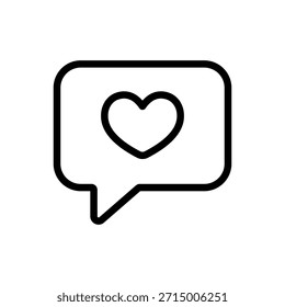 Icono de línea mínima de una burbuja de chat que contiene un corazón. Perfecto para conversaciones románticas, mensajes visuales de San Valentín, comunicación de amor y gráficos sociales.