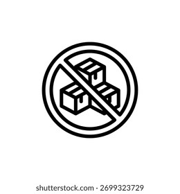 Minimal line icon of a crossed circle over two packages. Represents shipping ban, restricted goods, or no delivery area. Great for trade regulation, safety, and customs visuals.