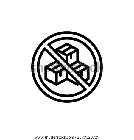 Minimal line icon of a crossed circle over two packages. Represents shipping ban, restricted goods, or no delivery area. Great for trade regulation, safety, and customs visuals.