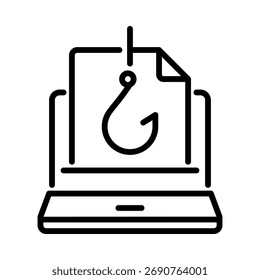Ícone de linha mínimo de violação de dados com documento e laptop de phishing. Isolado no fundo branco.
