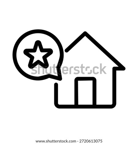 Minimal line icon of a house with a chat bubble containing a star on the left side representing customer review rating feedback trust and home service communication
