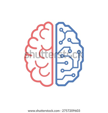 Minimal line icon of human brain and artificial intelligence concept split brain symbol representing comparison between technology and human thinking creativity innovation and digital future
