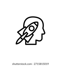 Icono de línea mínima de una cabeza humana con un cohete que se lanza a través de ella, simbolizando la innovación, la creatividad y el pensamiento de inicio.