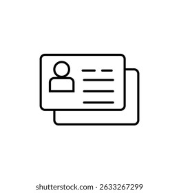 Minimal line icon of an ID card with user profile and text lines. Perfect for identification, contact info, employee badge, or business card design in digital or print formats.